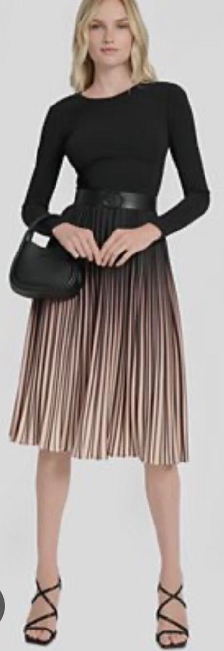 DKNY Ombré Sunburst Pleated Midi Dress Black Long Sleeve Accordion Skirt Size 14